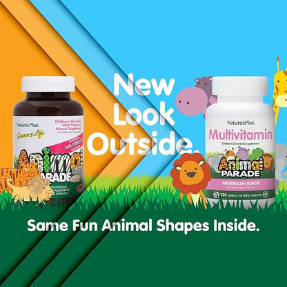 Natures Plus Animal Parade Children's Chewable Multivitamin, Watermelon - 180 Animal-Shaped Tablets - Promotes Health & Well-Being - Vegan, Gluten Free - 90 Servings
