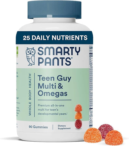 SmartyPants Teen Guy Multivitamin Gummies: Omega 3 Fish Oil (EPA/DHA), Vitamin D3, C, Vitamin B12, B6, Vitamin A, K & Zinc, Gluten Free, Three Fruit Flavors, 90 Count (22 Day Supply)