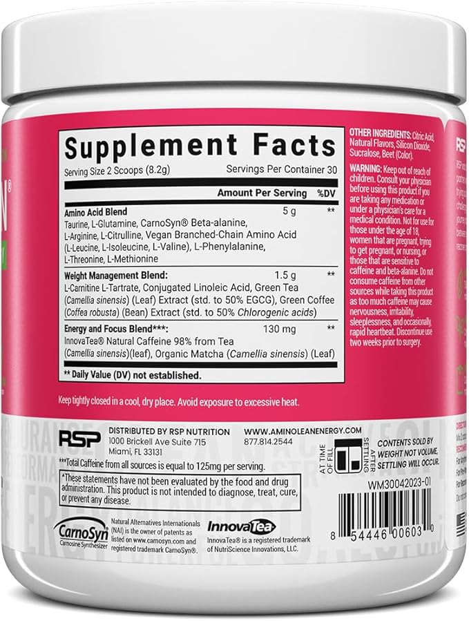 RSP Nutrition AminoLean Pre Workout Powder, Amino Energy & Weight Management with BCAA Amino Acids & Natural Caffeine, Preworkout Boost for Men & Women, 30 Serv