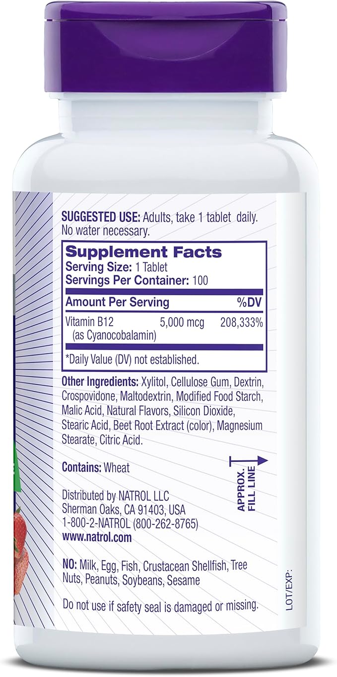 Natrol Vitamin B12 Fast Dissolve Tablets, Promotes Energy, Supports a Healthy Nervous System, Maximum Strength, Strawberry Flavor, 5,000mcg, 100 Count