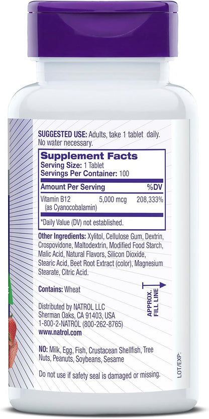 Natrol Vitamin B12 Fast Dissolve Tablets, Promotes Energy, Supports a Healthy Nervous System, Maximum Strength, Strawberry Flavor, 5,000mcg, 100 Count