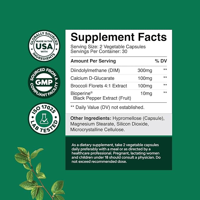 Extra Strength Diindolylmethane DIM Supplement - DIM Complex Men and Womens Hormone Balance Supplement with DIM SGS and Calcium D-Glucarate - Herbal DIM Supplement for Men and Women 30 Servings