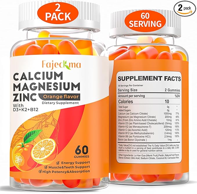 Calcium Magnesium Zinc Gummies for Adult: Organic 1000mg Calcium Citrate Magnesium Supplement with D3 B12 - Sugar Free High Absorption Supplement for Women Men (60 Count(Pack of 2))