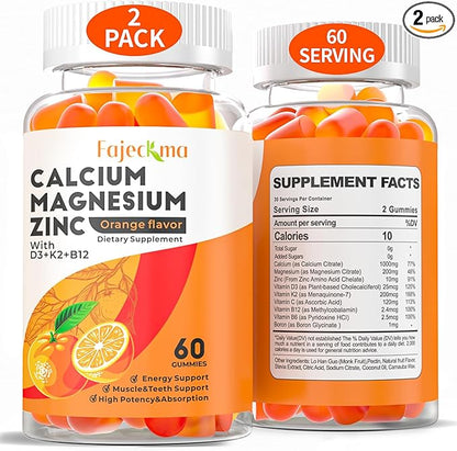 Calcium Magnesium Zinc Gummies for Adult: Organic 1000mg Calcium Citrate Magnesium Supplement with D3 B12 - Sugar Free High Absorption Supplement for Women Men (60 Count(Pack of 2))