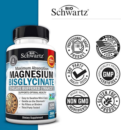 Magnesium Bisglycinate Chelated Supplement - High Absorption Magnesium Supplement for Muscle, Bone & Joint Support, Non-Laxative, Fully Buffered, Non-GMO, Maximum Bioavailability - 360 Capsules
