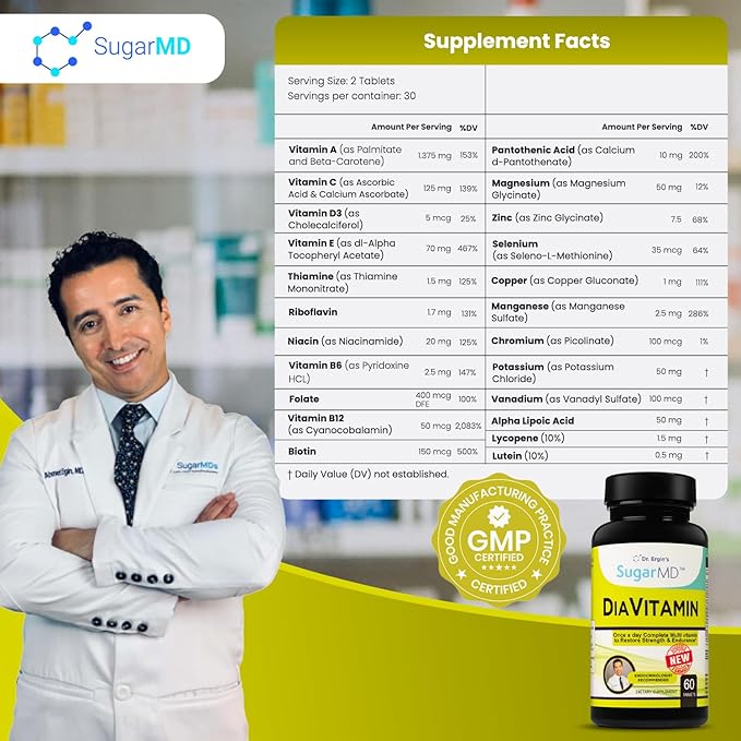 SugarMD Diavitamin Supplement Formula – Multivitamin for Men and Women – Multivitamins and Minerals – 60 Multi Vitamin Tablets – Restore Strength and Endurance – Non-GMO – Gluten-Free
