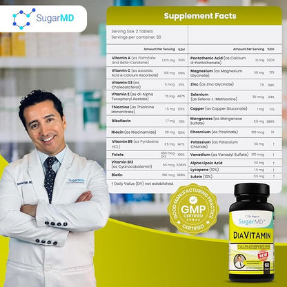 SugarMD Diavitamin Supplement Formula – Multivitamin for Men and Women – Multivitamins and Minerals – 60 Multi Vitamin Tablets – Restore Strength and Endurance – Non-GMO – Gluten-Free