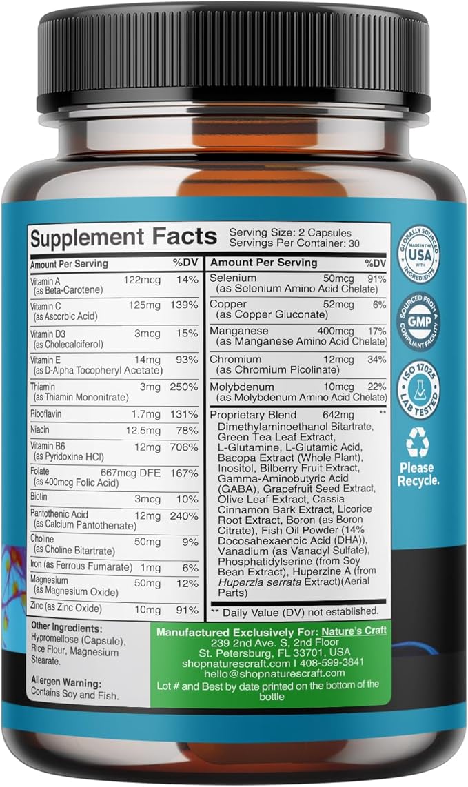 Nootropics Brain Support Supplement - Mental Focus Nootropic Memory Supplement for Brain Health & and Performance Blend, with Energy and Vitamins DMAE Bacopa and Phosphatidylserine Capsule