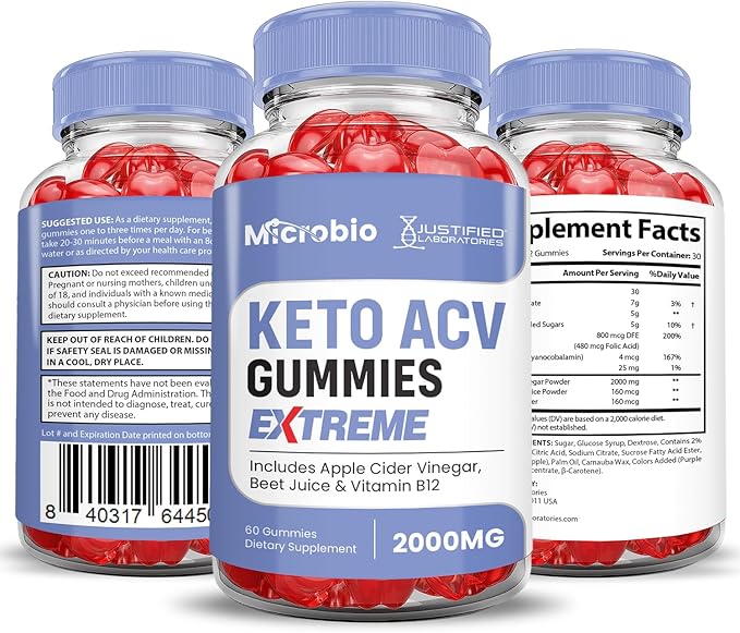 (3 Pack) MIcrobio Keto ACV Gummies Extreme 2000MG Micro Bio Keto Gummies Apple Cider Vinegar Formulated with Pomegranate Beet Juice Powder B12 Vegan Non GMO 180 Gummys