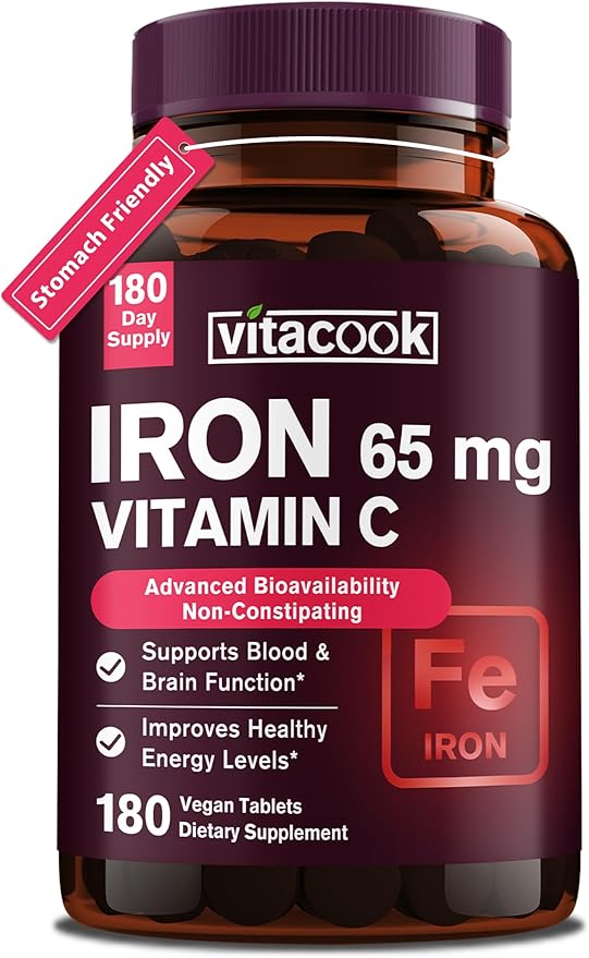 Iron Supplement for Women Men | High Potency Iron 65mg with Vitamin C 250mg | Stomach Friendly Iron Pills for Red Blood Cell & Immune Support | Vegan, Non-GMO & Gluten Free | 180 Iron Tablets