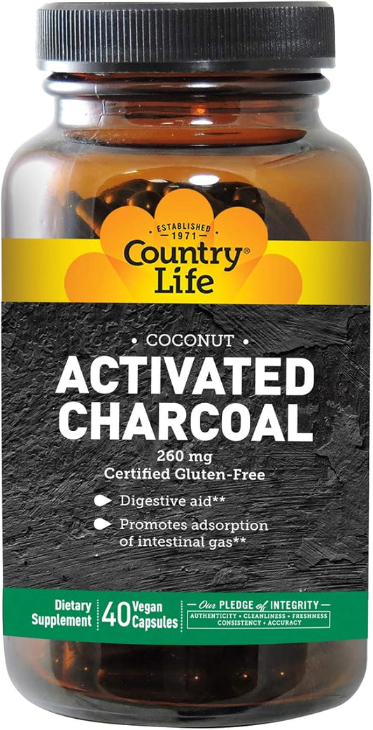 Country Life Activated Charcoal Capsules, 260mg – Natural Charcoal Supplement for Gas and Bloating Relief - Organic Coconut Charcoal, Gluten-Free, Non-GMO, 40 Vegan Capsules