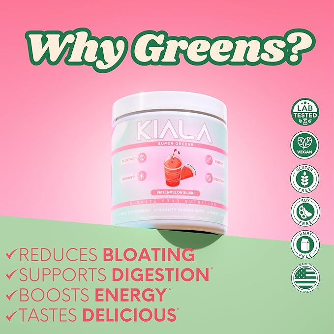 Kiala Nutrition Super Greens, Organic Greens Powder with Spirulina & Chlorella for Digestion, Gut Health, Immunity & Energy, Gluten Free, Vegan, Daily Support for Women, Watermelon Slush, 30 Servings