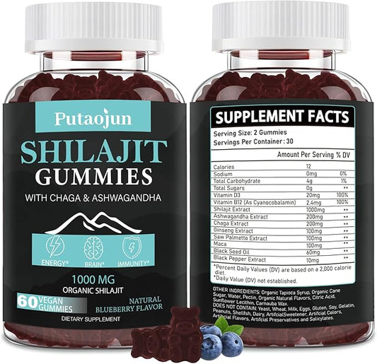 Shilajit for Man,Woman & Kid.Shilajit Gummies or shilajit Supplement.1000mg Shilajit,200mg Ashwagandha,200mg Chaga,100mg Ginseng,100mg Saw Palmatto,60mg Black Seed Oil
