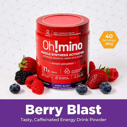Oh!mino Amino Acid Energy Blend - Pre-Post Workout Powder, BCAA Amino Acids, Workout Recovery Drink, Muscle Synthesis Activator, Caffeinated Berry Blast, 280 g, 40 Servings