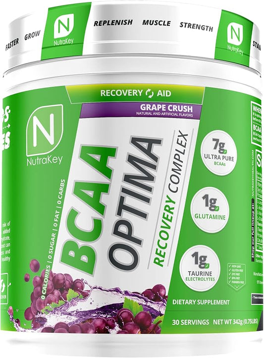 NutraKey BCAA Optima Post Workout Recovery Complex, No Sugar, No Carb, Recovery Aid, Grape
