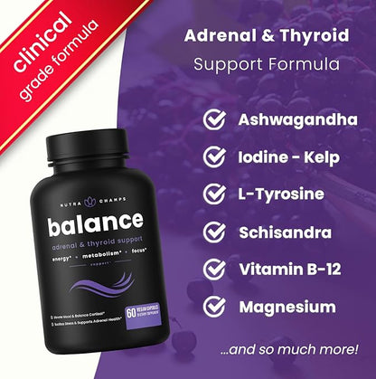 NutraChamps Thyroid Support & Adrenal Support Supplement 2-in-1 Formula with Iodine & Ashwagandha for Energy, Metabolism, Focus, Adrenal Fatigue & Stress Relief, Cortisol Balance for Women & Men