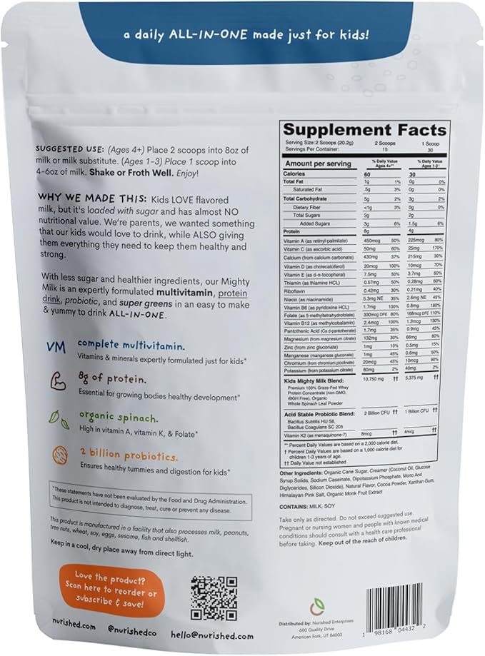 Cookies & Cream Mighty Milk - Kids All-in-One Daily Protein Powder & Multivitamin with Probiotics & Organic Spinach - Natural Flavors, Colors & Sweeteners - 15-30 Servings