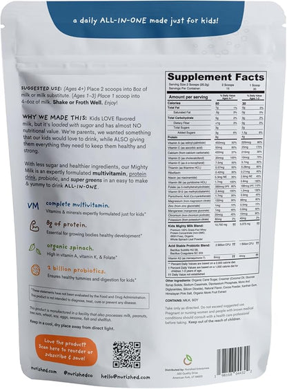 Cookies & Cream Mighty Milk - Kids All-in-One Daily Protein Powder & Multivitamin with Probiotics & Organic Spinach - Natural Flavors, Colors & Sweeteners - 15-30 Servings