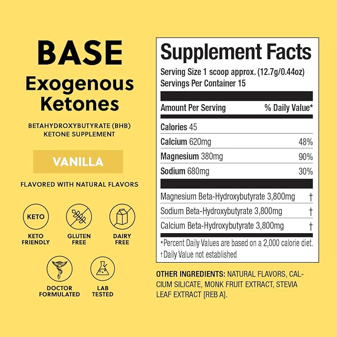 Perfect Keto Exogenous Ketones Powder, BHB Salts Supplement for Ketosis & Fasting, Plus Electrolytes for Hydration, Caffeine Free Energy, Keto Diet, Focus & Workout Support, Vanilla, 6.7 oz