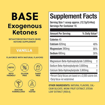 Perfect Keto Exogenous Ketones Powder, BHB Salts Supplement for Ketosis & Fasting, Plus Electrolytes for Hydration, Caffeine Free Energy, Keto Diet, Focus & Workout Support, Vanilla, 6.7 oz
