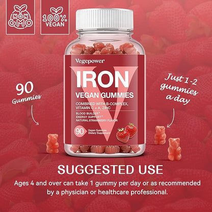 Iron Gummies Supplements for Women & Kids - Multivitamin with Iron for Blood Builder, Great Tasting Iron Gummy Vitamins with Vitamin C for Max Absorption - Vegan Iron Chewable, Strawberry 90 Count