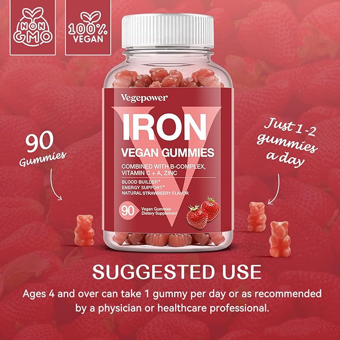 Iron Gummies Supplements for Kids & Women - Multivitamin with Iron for Blood Builder, Great Tasting Iron Gummy Vitamins with Vitamin C for Max Absorption - Strawberry (3 Packs)