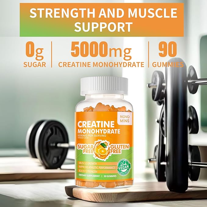 Creatine Monohydrate Gummies 5g for Men Women - Sugar Free Chewable Supplement. 180 Gummies Orange