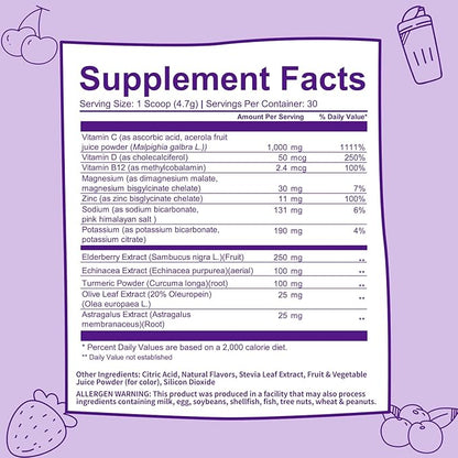 GOBIOTIX Vitamin C - Immune Defense Support Supplement - Immunity Powder Wellness Booster - Vegan Superfood - Elderberry, Turmeric, B12 Vitamin Supplement, Non-GMO and Sugar Free (Berry)