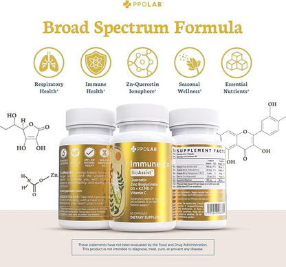 Immune-fx™ Advanced Daily Chelated Zinc Ionophore Immune Support Supplement with Quercetin 500mg Bioflavonoid, Antioxidant Vitamin C, D3, K2, DNA Heart Lung Aid, Clean Certified® 60 Vegan Capsules