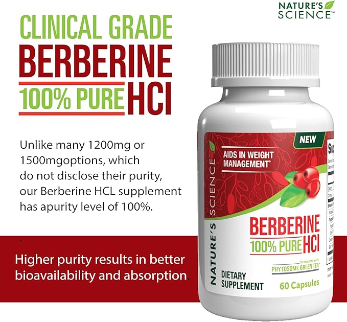Nature's Science Berberine HCL with Phytosome Green Tea for Weight Management, 100% Pure Clinical Grade Berberine HCL for Better Absorption - Helps Metabolism, Keeps Full for Longer - 60 Caps