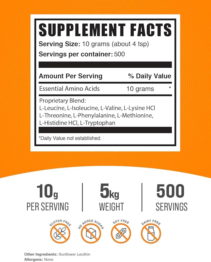 BulkSupplements.com Essential Amino Acids Powder - Essential Amino Acids Supplement, EAA Powder - Unflavored & Gluten Free, 10g of EAAs Amino Acids per Serving, 5kg (11 lbs) (Pack of 5)