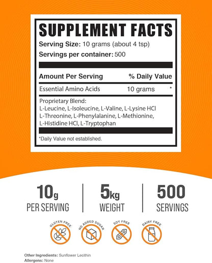 BulkSupplements.com Essential Amino Acids Powder - Essential Amino Acids Supplement, EAA Powder - Unflavored & Gluten Free, 10g of EAAs Amino Acids per Serving, 5kg (11 lbs) (Pack of 5)