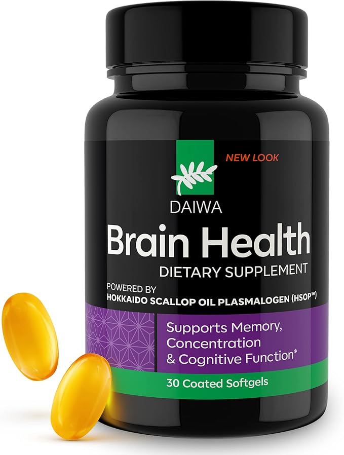 Daiwa Brain Health Supplement for Adults - Plasmalogen Focus Supplement for Memory and Concentration - Cognitive Brain Booster with 50mg of Hokkaido Scallop Oil Plasmalogen (HSOP) - 30/ct