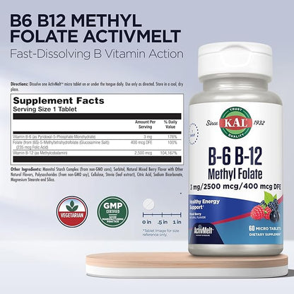 KAL Vitamin B-6 B-12 Methyl Folate ActivMelt, Vitamin B Supplement, Heart Health, Energy and Red Blood Cell Support with Methyl B12 and DFE Folic Acid, Natural Berry Flavor, 60 Servings, 60 Micro Tabs