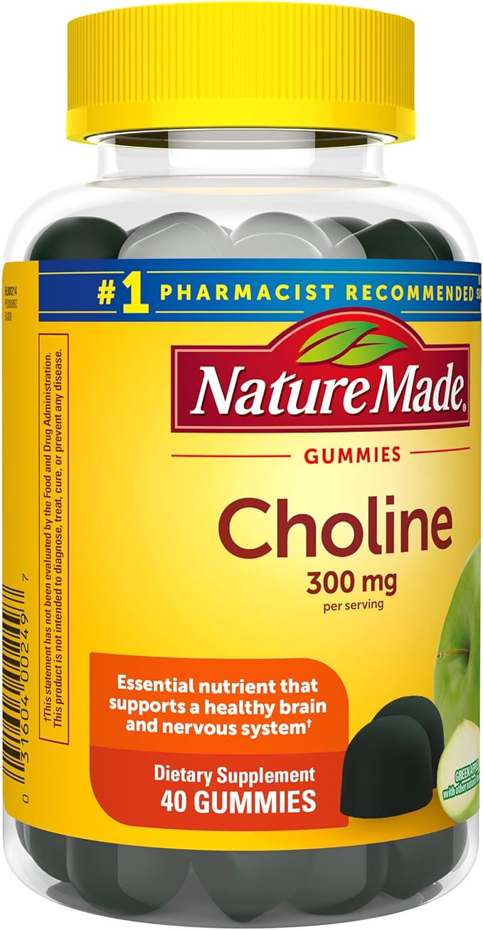 Nature Made Choline Supplements, Supports Liver Health, Nervous System Function and Brain Health, 40 Vegan Gummies, 20 Day Supply