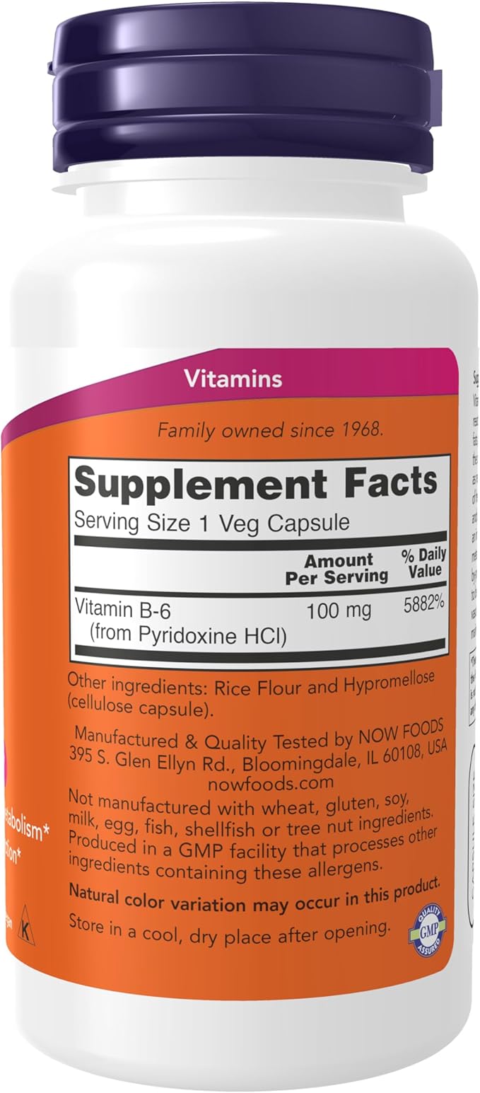 NOW Foods Supplements, Vitamin B-6 (Pyridoxine HCl) 100 mg, Cardiovascular Health*, 100 Veg Capsules