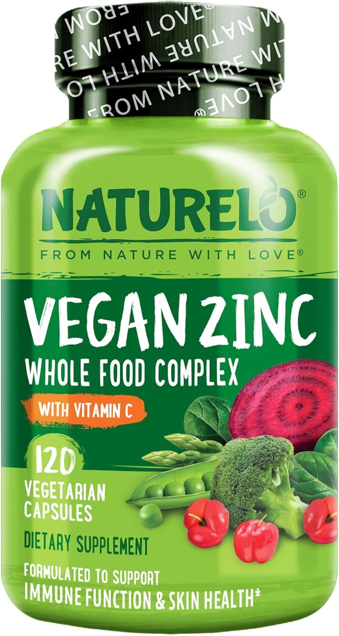 NATURELO Vegan Zinc Whole Food Complex Supplement with Vitamin C for Immune Support and Healthy Skin, Hair, and Nails - 120 Capsules