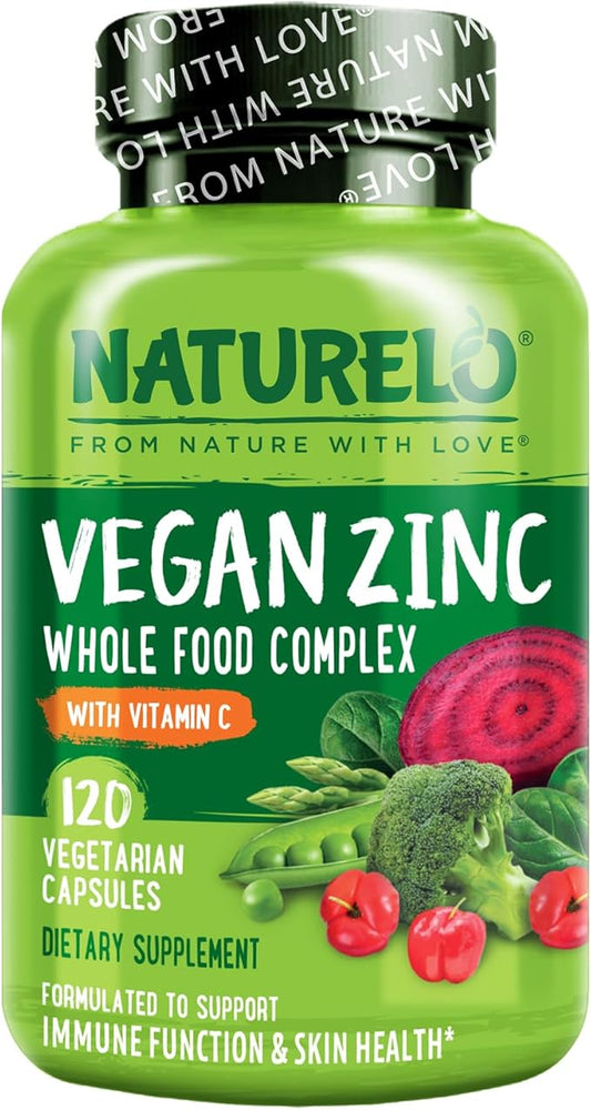 NATURELO Vegan Zinc Whole Food Complex Supplement with Vitamin C for Immune Support and Healthy Skin, Hair, and Nails - 120 Capsules