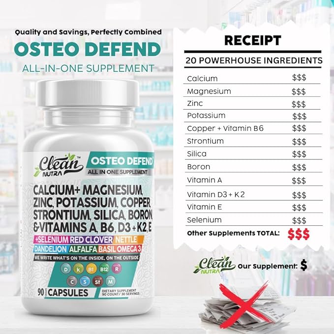 Calcium Magnesium Zinc Supplement with Potassium, Copper, Strontium, Silica, Vitamin D3 K2, Boron, Vitamin B1 B12 Red Clover Herb Alfalfa Basil Pills for Men and Women Clean Nutra Osteo Defend