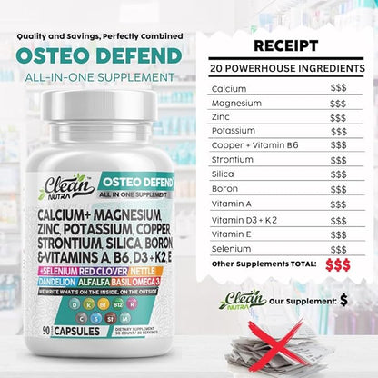 Calcium Magnesium Zinc Supplement with Potassium, Copper, Strontium, Silica, Vitamin D3 K2, Boron, Vitamin B1 B12 Red Clover Herb Alfalfa Basil Pills for Men and Women Clean Nutra Osteo Defend