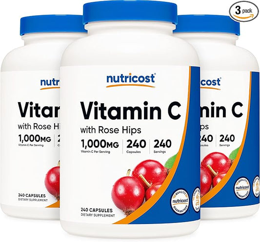 Nutricost Vitamin C with Rose HIPS 1025mg, 240 Capsules (3 Bottles) - Premium Non-GMO, Gluten Free Vitamin C Supplement