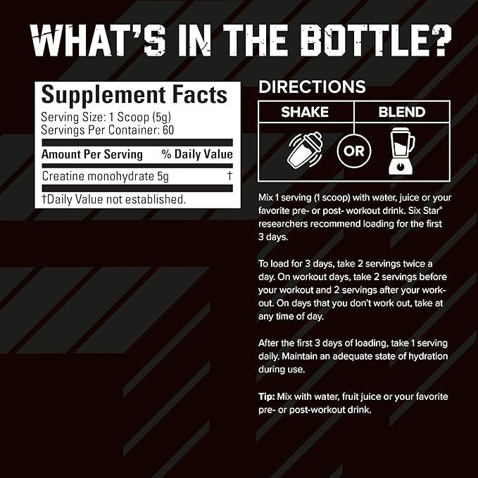 Six Star 100% Creatine Monohydrate Powder - Unflavored Micronized Creatine Monohydrate Supplement for Workout Performance, Muscle Building & Strength - Creatine Powder for Women & Men - 60 Servings