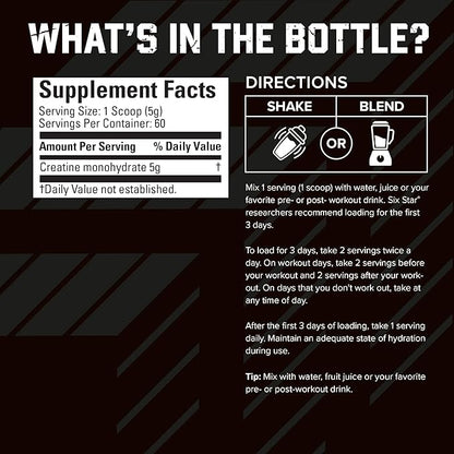 Six Star 100% Creatine Monohydrate Powder - Unflavored Micronized Creatine Monohydrate Supplement for Workout Performance, Muscle Building & Strength - Creatine Powder for Women & Men - 60 Servings