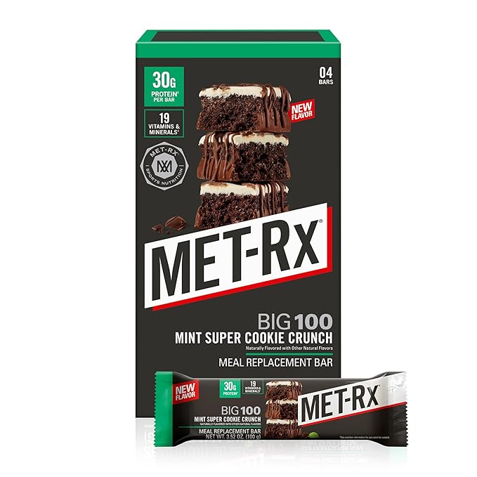 MET-Rx Big 100 Colossal Protein Bars, Mint Super Cookie Crunch, Meal Replacement Bars, 4 Count