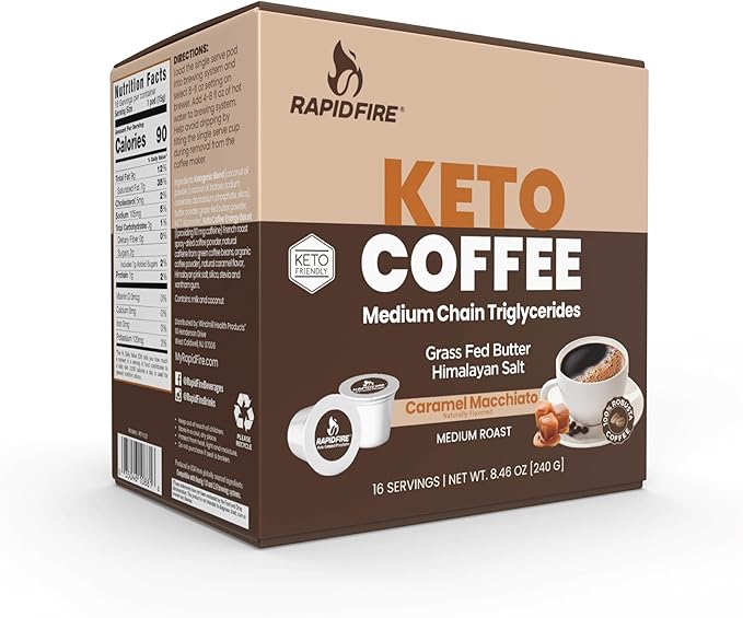 Rapidfire Caramel Macchiato Ketogenic High Performance Keto Coffee Pods, Supports Energy & Metabolism, Weight Management, Single Serve K Cup, Brown, 16 Count