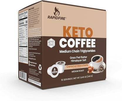 Rapidfire Caramel Macchiato Ketogenic High Performance Keto Coffee Pods, Supports Energy & Metabolism, Weight Management, Single Serve K Cup, Brown, 16 Count
