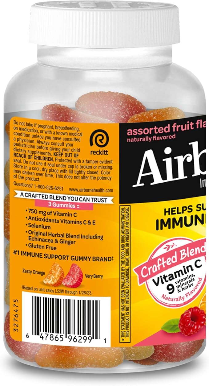 Airborne 750mg Vitamin C Gummies For Adults, Immune Support Gummies With Powerful Antioxidants Vit C & E, Caffeine Free - 2x63ct Bottle (42 Servings), Assorted Fruit Flavor