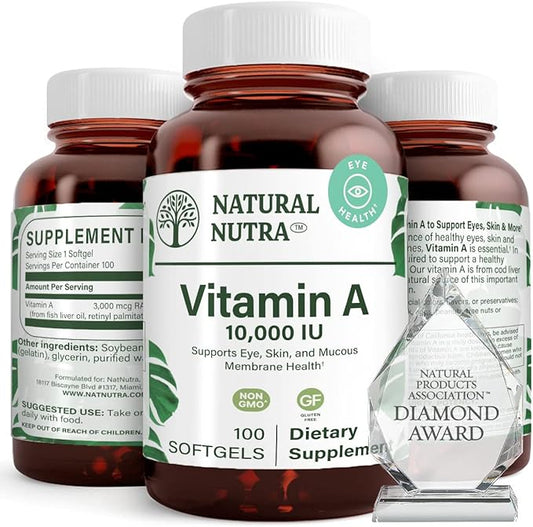 Natural Nutra Vitamin A 10,000 IU Softgels – High Potency Eye and Skin Vitamins – Gluten-Free Vitamin A Supplement for Sight & Skin Health – Fish Liver Oil for Men and Women, Gluten Free 100 Softgels