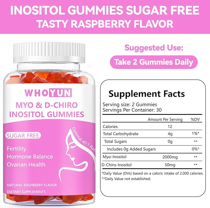 Inositol Gummies Sugar Free, Myo-Inositol & D-Chiro Inositol 40:1 Ratio Supplement for Women, Fertility, Hormone Balance, Ovarian Health, 60 Count