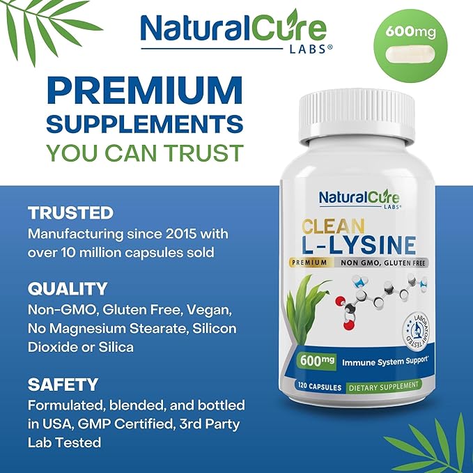 Clean L-Lysine 600mg, 120 Capsules | Vegan, Non-GMO, & Gluten Free
